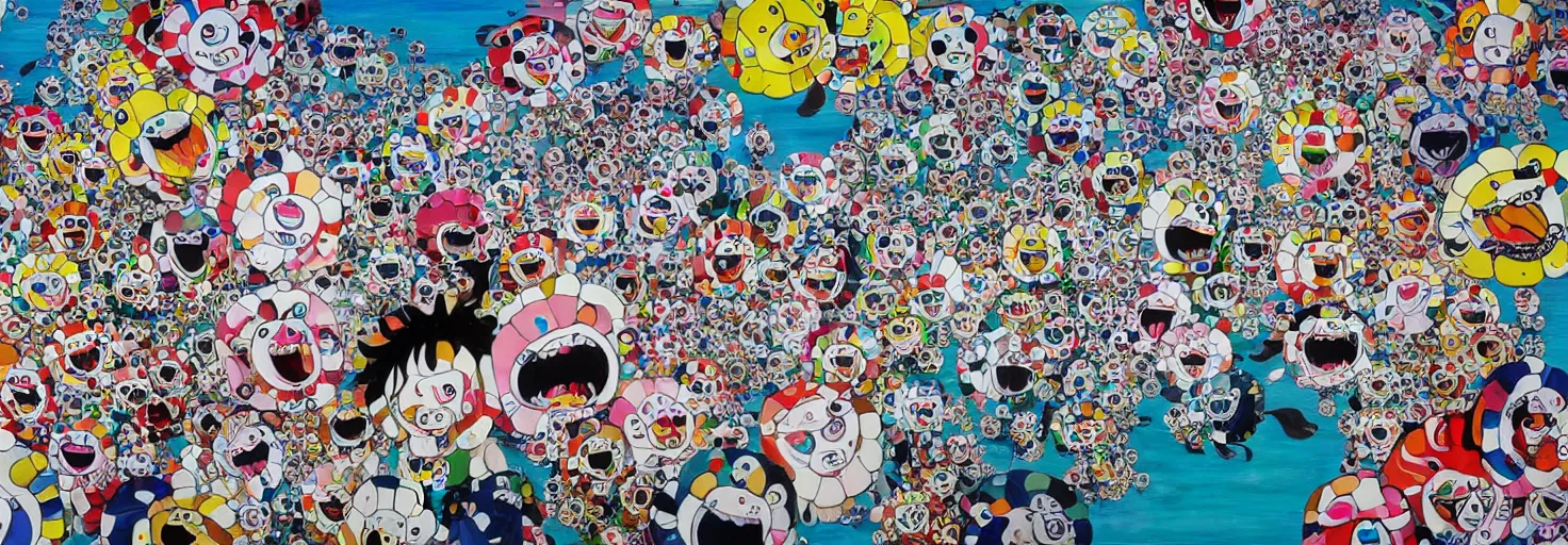 Image similar to girls on the sea, painted by takashi murakami in punk style, high quality, 8 k