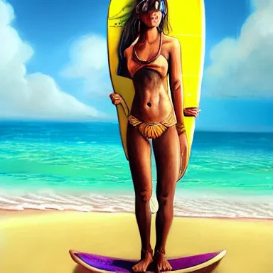 Prompt: a fantasy painting on oil of a beautiful female tiger girl tabaxi surfer girl druid catgirl leaning against a wooden surfboard on a sandy beach in the Maldives, artstation, andrei riabovitchev, nuri iyem, james gurney, james jean, greg rutkowski, highly detailed, Rossdraws, Bluesssatan, Mandy Jurgens, Stjepan Sejic