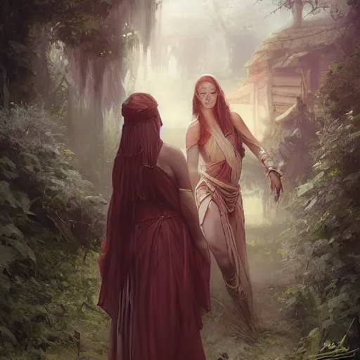 Prompt: beautiful female acolytes kidnapping maidens from a village. 8 k incredible detail. by artgerm and by richard schmid and by tom bagshaw and by magali villeneuve and by wlop