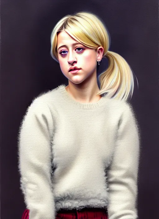 Image similar to full body portrait, teenage lili reinhart, blonde hair, obese, bangs, ponytail, sultry, realistic, sweater, fluffy bangs, fully clothed, curly bangs, fat, belly, intricate, elegant, highly detailed, digital painting, artstation, concept art, smooth, sharp focus, illustration, art by wlop, mars ravelo and greg rutkowski