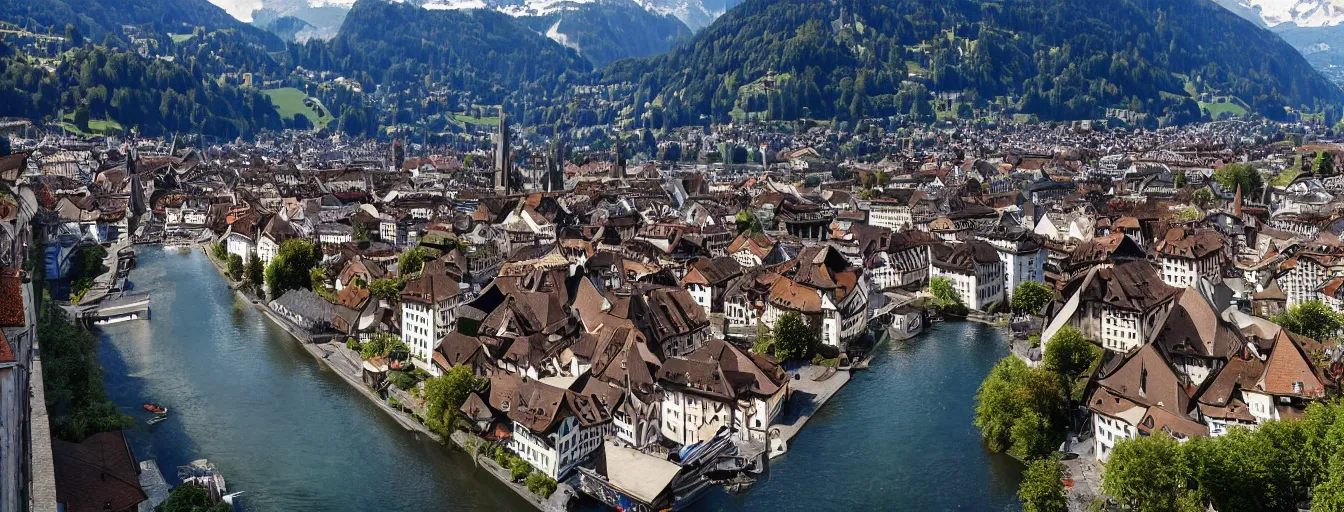 Image similar to Photo of Zurich, looking down the Limmat at the lake and the alps, Hardturm, Grossmünster, wide angle, volumetric light, hyperdetailed, light water, artstation, cgsociety, 8k