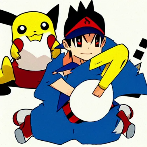 Image similar to pikachu and ash ketchum having a pillow fight, anime