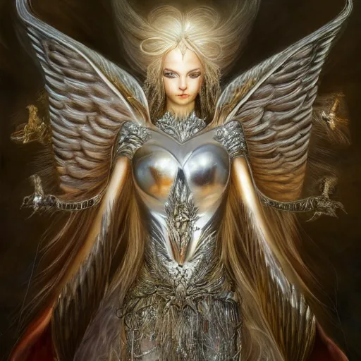 Image similar to a beautiful angel with 3 heads wearing a silver armor with golden ornaments and diamonds jewelry, wings by alex gray and android jones, karol bak, ayami kojima, amano, concept art, character design, fantasy, 3 d, 8 k resolution