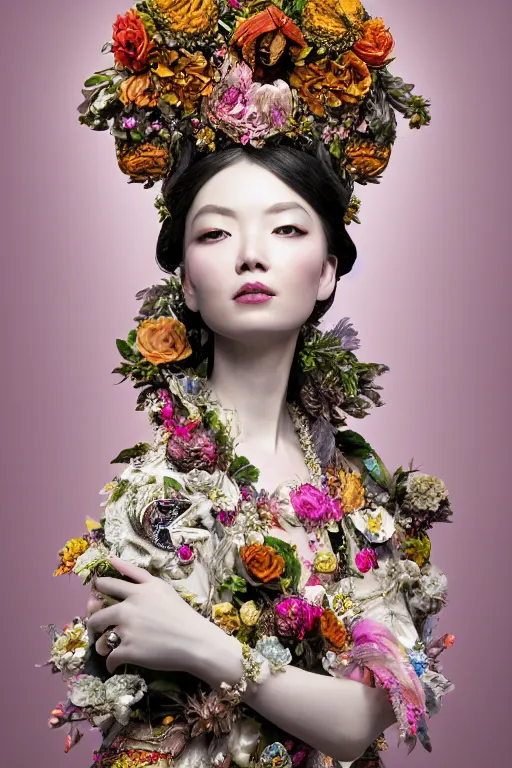 Image similar to a beautiful empress portrait, with a brilliant, impossible striking big flower headpiece, clothes entirely made out of flowers, symmetrical, dramatic studio lighting, rococo, baroque, jewels, asian, hyperrealism, closeup, D&D, fantasy, intricate, elegant, highly detailed, digital painting, artstation, octane render, 8k, concept art, matte, sharp focus, illustration, art by Artgerm and Greg Rutkowski and Alphonse Mucha