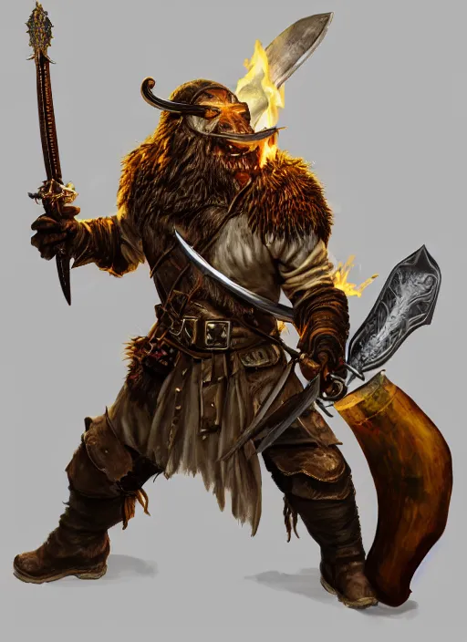 Image similar to photorealistic bugbear ranger holding sword on fire, magic, black beard, dungeons and dragons, pathfinder, roleplaying game art, hunters gear, jeweled ornate leather and steel armour, concept art, character design on white background, by sargent, norman rockwell, makoto shinkai, kim jung giu, artstation trending, poster art, colours red