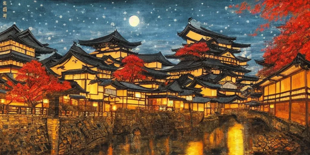 Image similar to a japanese medieval town during autumn at night, painting, beautiful, award winning masterpiece