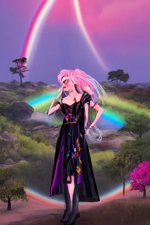 Image similar to Ethereal safari landscape with a pink rainbow sky under a goddess moonstone, black leather and embroidered Lolita dress in velvet, rich color, dramatic cinematic lighting, featured on Artstation, extremely detailed by Lisa Frank