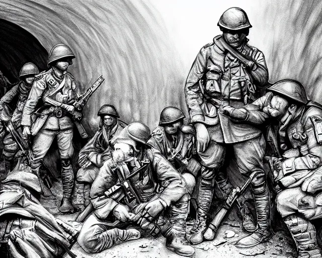 Prompt: Soldiers in despair in a world war 1 tunnel, black and white, amazing digital art, hyper detailed, artstation, in the style of Tony Sart