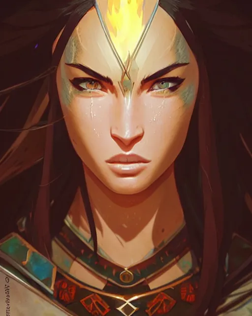 Image similar to azctec warrior, megan fox, detailed perfect face, exquisite details, fire magic, mid view, design on a white background, by studio muti, greg rutkowski makoto shinkai takashi takeuchi studio ghibli