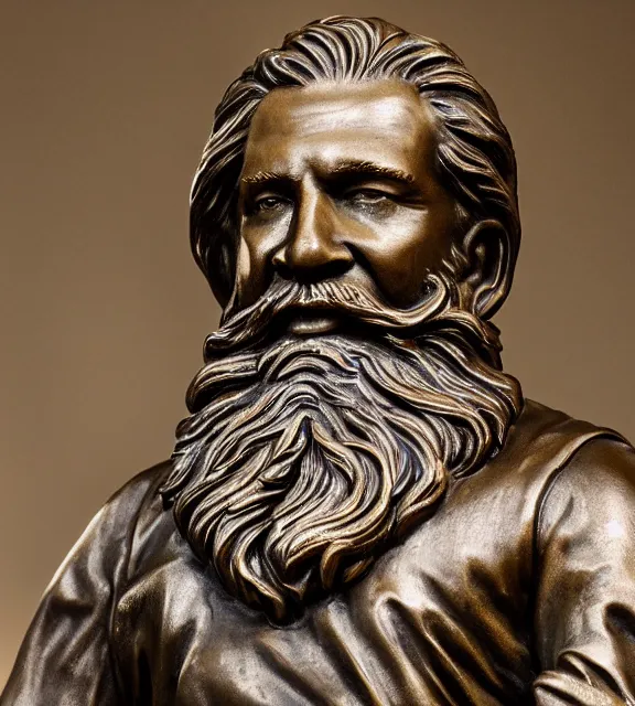 Image similar to a 4 k photorealistic photo medium shot of a bronze statue of a man with a beard.