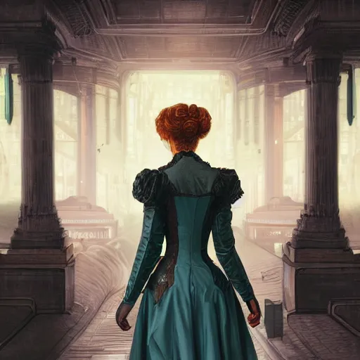 Prompt: portrait of a victorian lady in a futuristic city, from behind, streets, beautiful, super super super super super solarpunk!!!, highly detailed, digital painting