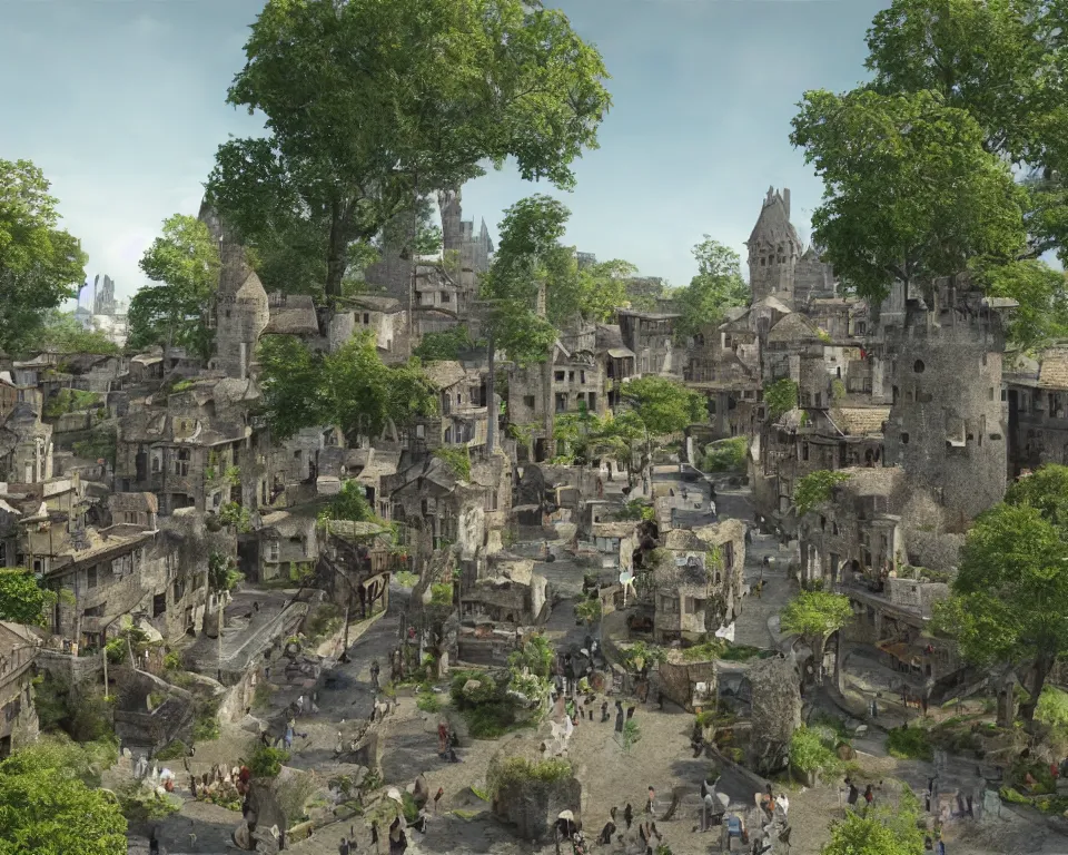 Prompt: medieval fae city, built into trees and stone, street view, unreal engine, hyperrealism