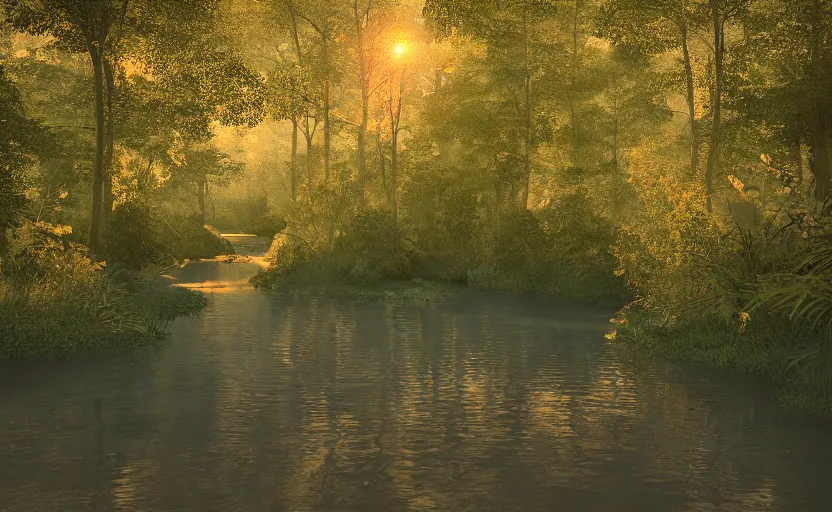 Image similar to a river in the middle of a forest at sunrise, vector art, trending on deviantart, highly detailed, high quality, 8 k, soft lighting, bloom, godrays, complementary colors, octane render, unreal engine 5, path traced, beautiful landscape, serene landscape, fancy colors