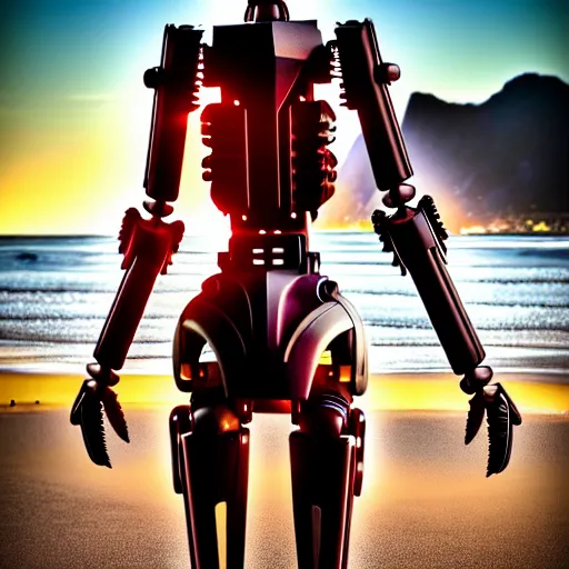 Prompt: cinematic chest up shot, realistic detailed stunning beautiful humanoid anthropomorphic female robot dragon, looking to the side with an elegant pose of hand on hip, smooth and streamlined armor and design made of steel, sharp claws and sharp teeth, high quality head, Slick LEDs, on the beach during sunset, high quality, cinematic art, sci fi, sunset lighting, 3D render, 8k, artstation, deviantart, furaffinity