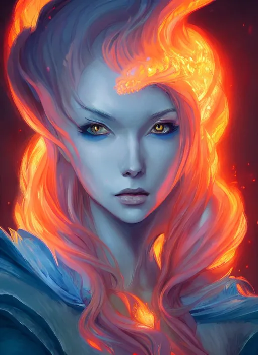 Prompt: portrait painting of fire and ice elf, female, muticolores robes, dichotomy, beautiful, in the lava, illustration, by rossdraws, genzoman, artgerm