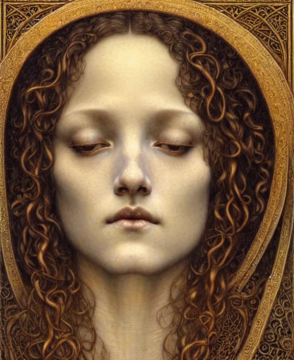 Image similar to detailed realistic beautiful young medieval queen face portrait by jean delville, gustave dore and marco mazzoni, art nouveau, symbolist, visionary, gothic, pre - raphaelite. horizontal symmetry