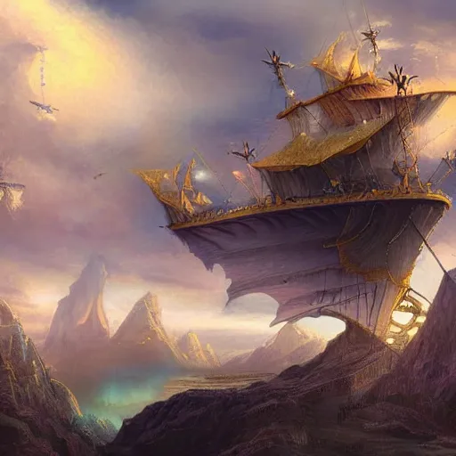 Image similar to ( magic skyship ) flying over ( fantasy landscape ), highly detailed, beautiful