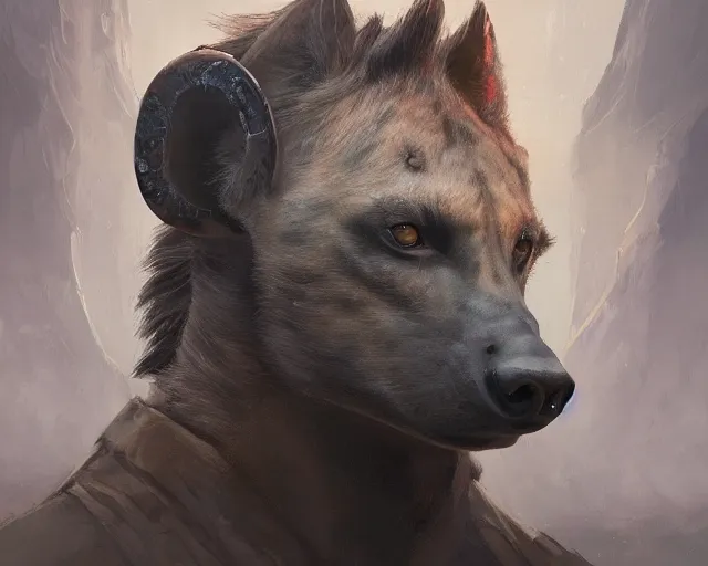 Image similar to A detailed matte oil on canvas head on symmetrical portrait of a man with the head of a hyena wearing heavy armor by Charlie bowater, Lise Deharme, Wlop, trending on artstationhd, dungeons and dragons art, critical role