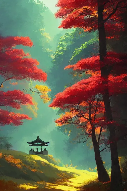 Image similar to Japanese Torii in a colorful moutain with COLORFUL trees ,morning , by studio ghibli painting, superior quality, masterpiece, by Grzegorz Rutkowski, concept art