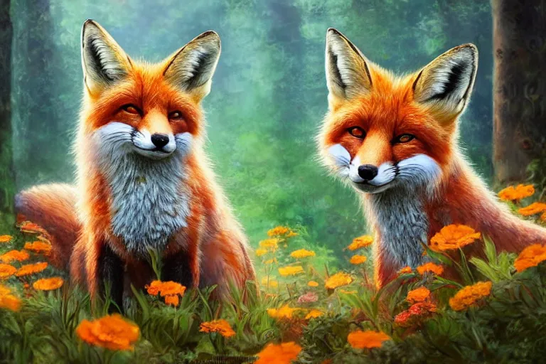 Prompt: a wide angle shot of a beautiful fox in the forest covered in flowers, sunlight beaming down, highly detailed brush style, soft fur, two pointed ears, thick fluffy tail, beautiful lighting, wildlife, digital art, trending on ArtStation