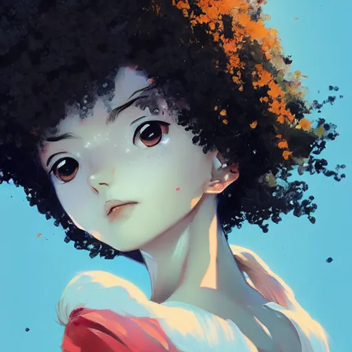 Prompt: portrait of anime pixie character with afro hair, manga cover, highly detailed, digital painting, artstation, concept art, sharp focus, illustration, strong brush stroke, anime, art by greg rutkowski, ilya kuvshinov, sharp focus, ghibli studio, art by ilya kuvshinov, rossdraws