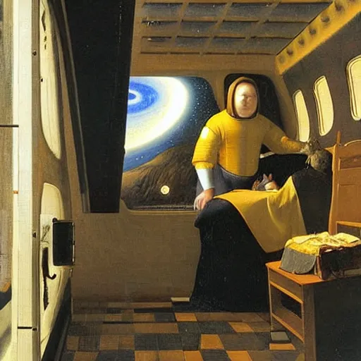 Image similar to Two space travelers sitting side by side in a space cruiser, flying between Jupiter and Saturn, the milky way galaxy in the background, oil painting by vermeer,