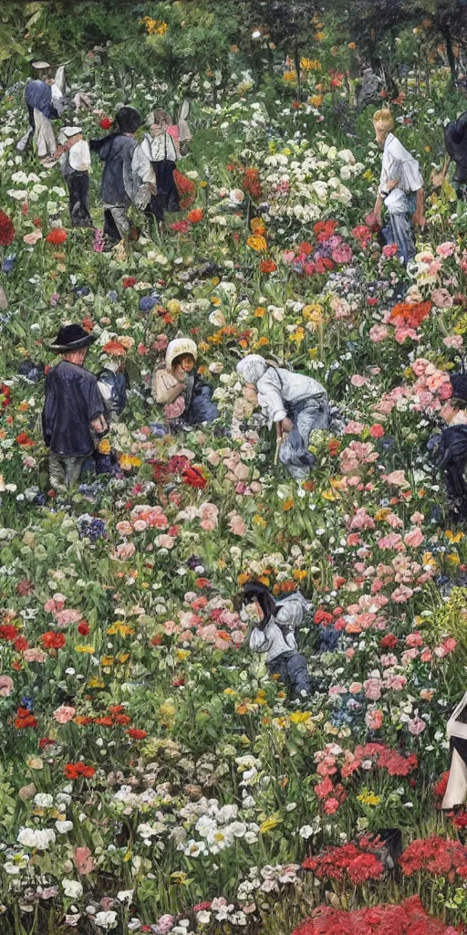 Image similar to oil painting scene from gardeners crowd in the flower garden by kim jung gi