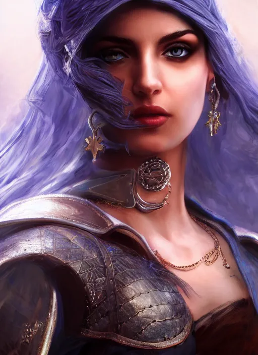 Image similar to Beautiful Arab girl, blue eyes, leather, portrait, fantasy, medieval, vivid colors, elegant, concept art, sharp focus, beautiful face, digital art, Hyper-realistic, 4K, Unreal Engine, Highly Detailed, HD, Dramatic Lighting by Brom, trending on Artstation