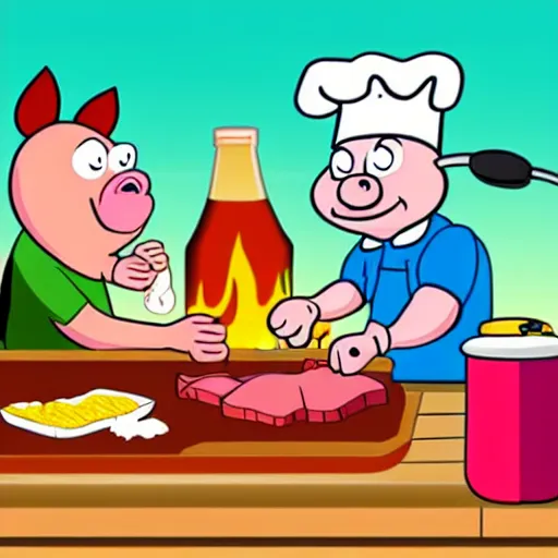 Image similar to cartoon characters, rick and porky cooking a brisket, cell animation