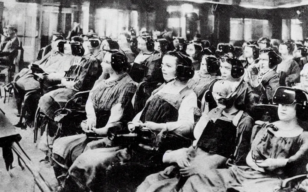 Image similar to 1 9 0 0 s photo of people using iphones ipods virtual reality headsets vr watching hd tv in a movie theater intravenous tube in their arms