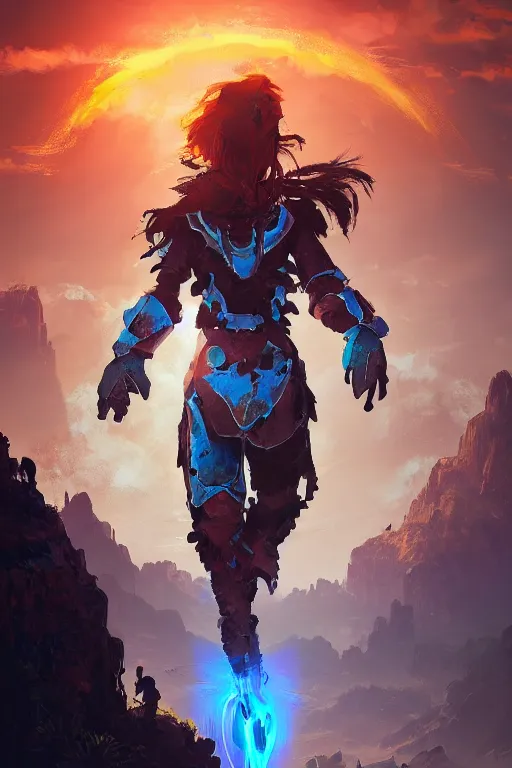 Image similar to combination suit armor aloy horizon forbidden west horizon zero dawn radiating a glowing aura global illumination ray tracing hdr fanart arstation by ian pesty and alena aenami artworks in 4 k tribal robot ninja mask helmet backpack