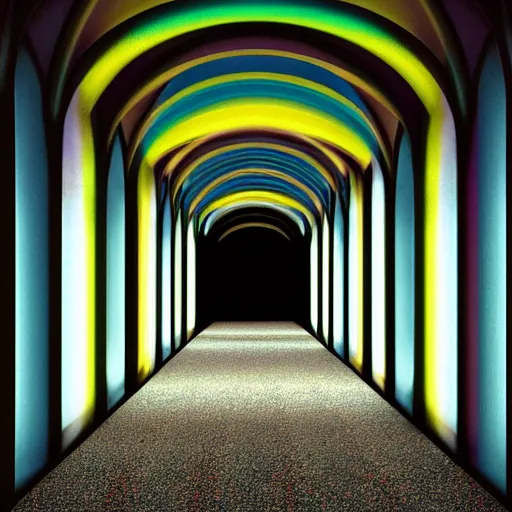 Image similar to a long colorful asylum hallway at night, arched ceiling, one point perspective, vanishing point, symmetrical composition, rich colors, dramatic lighting, by lee madgwick, photorealistic, v - ray render 8 k uhd