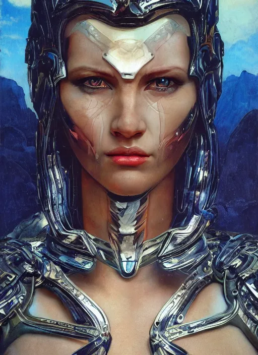 Image similar to biblical diabolical beautiful female valkyree android, shiny plastic armor, jump, heavy eyes to the side, closeup, bright glowing veins, in clouds, rain, sunset, portrait, by gerald brom, by mikhail vrubel, by peter elson, muted colors, extreme detail, reflections, trending on artstation, 8 k