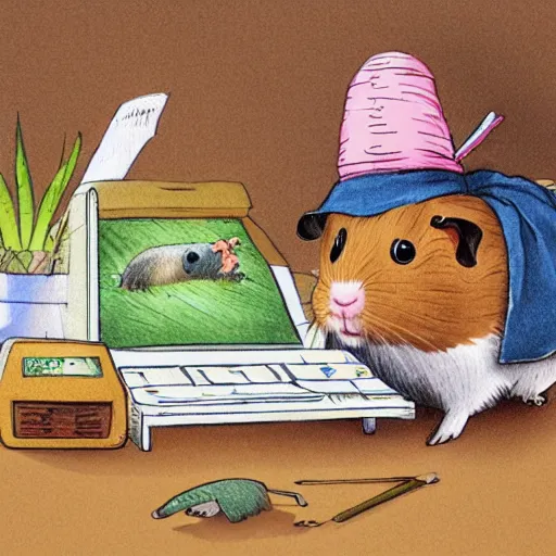 Prompt: guinea pigs working on tiny cute computers, illustration in the style of Beatrix Potter