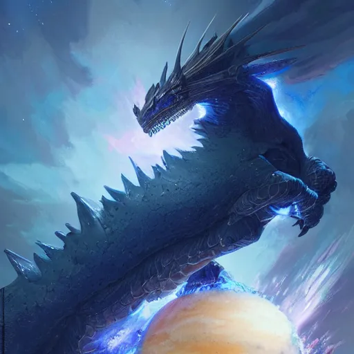 Image similar to prompt blue crystalline European dragon devouring a planet, space, planets, moons, sun system, nebula, oil painting, by Fernanda Suarez and and Edgar Maxence and greg rutkowski