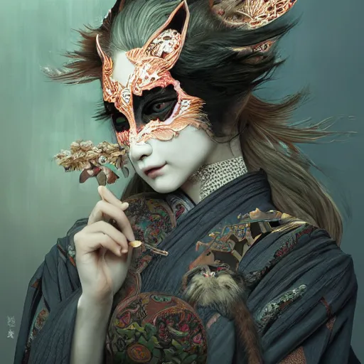 Prompt: a Photorealistic dramatic fantasy render of a beautiful woman wearing a beautiful intricately detailed Japanese Wolf Kitsune mask and clasical Japanese Kimono by WLOP,Artgerm,Greg Rutkowski,Alphonse Mucha, Beautiful dynamic dramatic dark moody lighting,shadows,cinematic atmosphere,Artstation,concept design art,Octane render,8K The seeds for each individual image are: [2574431091, 131530884, 2043872502, 2119615455, 2008241604, 544704099, 2750899226, 1123844186, 3187573103]