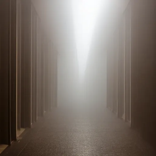 Image similar to light shining through a foggy hallway, dramatic