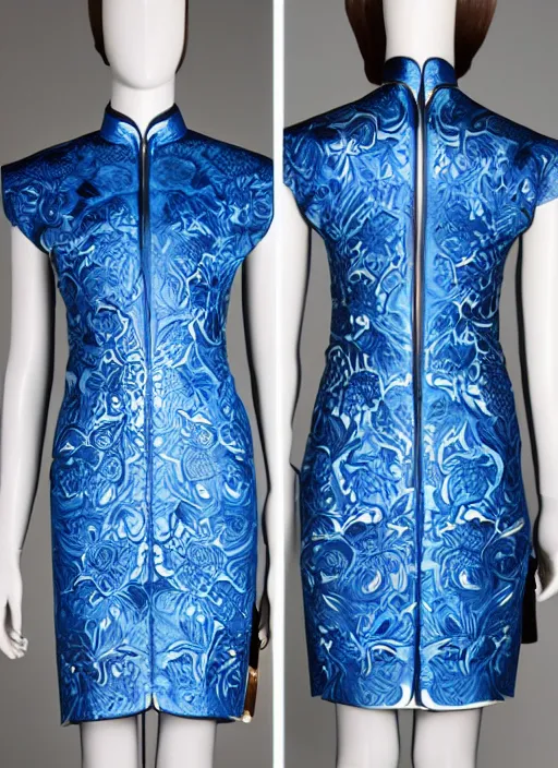 Image similar to blue qipao dress, dress design by alexander mcqueen