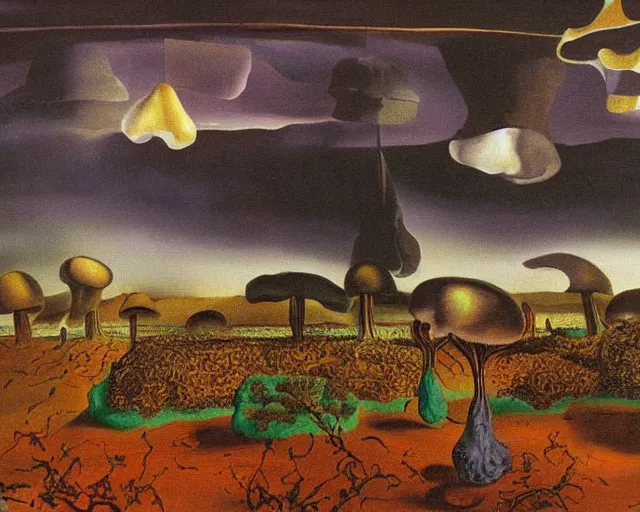 Image similar to A Salvador Dali painting of a small Indiana mushroom farm, Multi Toned, Volumetric Lighting, Dark Sky, Rule of Threes, Award Winning Art