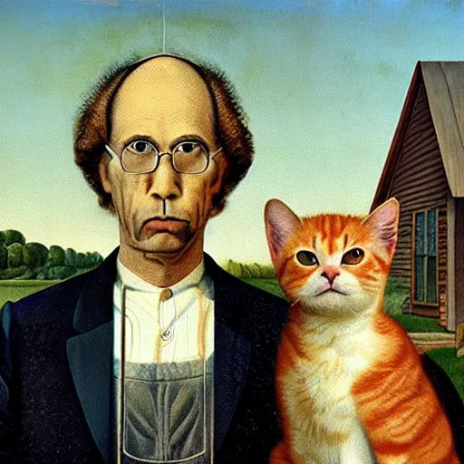 Prompt: fat orange tabby cat, man with afro curly hair in american gothic by grant wood