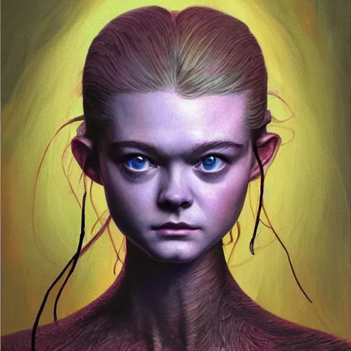 Prompt: professional painting of Elle Fanning in the style of Wayne Barlowe, head and shoulders portrait, symmetrical facial features, smooth, sharp focus, illustration, intricate, stormy weather, extremely detailed masterpiece,