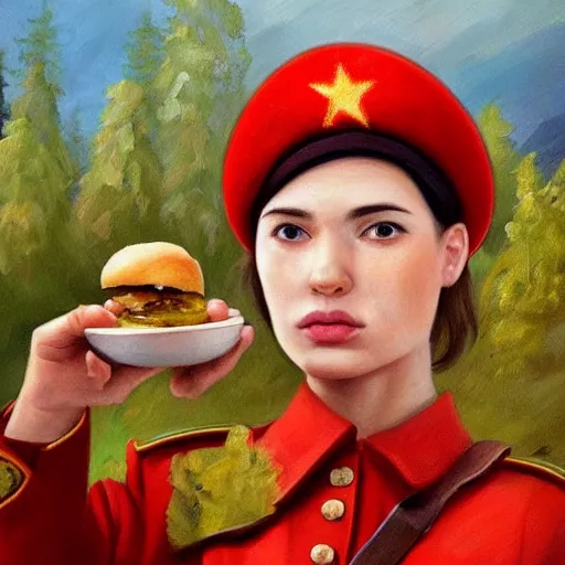 Image similar to high detail portrait oil painting illustration of beuatiful girl as soviet red army soldier eating hot baked bun, in khaki tunic, by justin sweet with face and body clearly visible, in a scenic background, pupils visible, realistic proportions, artstation trending, high quality, sombre mood, artstation trending, muted colours, entire person visible!