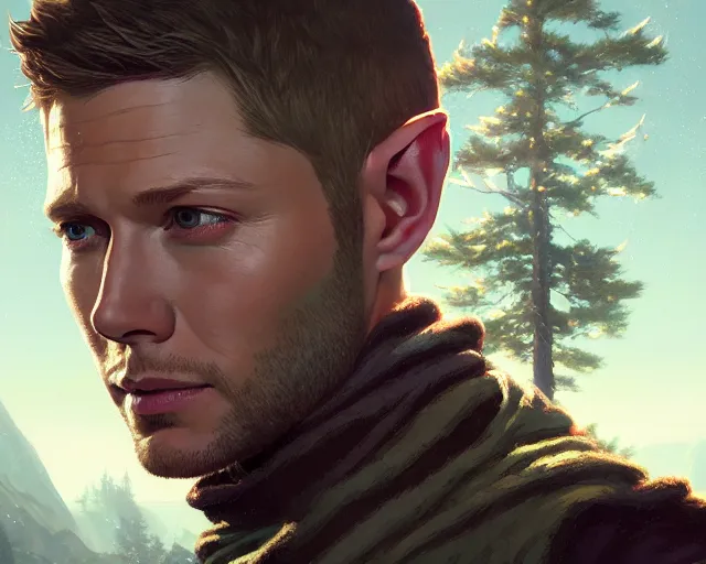 Image similar to highly detailed portrait of jensen ackles as an elf, in gta v, stephen bliss, unreal engine, fantasy art by greg rutkowski, loish, rhads, ferdinand knab, makoto shinkai and lois van baarle, ilya kuvshinov, rossdraws, tom bagshaw, global illumination, radiant light, detailed and intricate environment