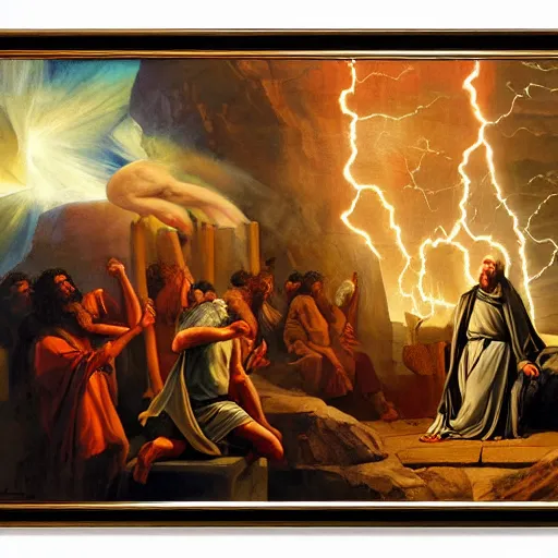 Image similar to A painting of Moses holding up the ten commandments with lightning, fire and pillars of smoke