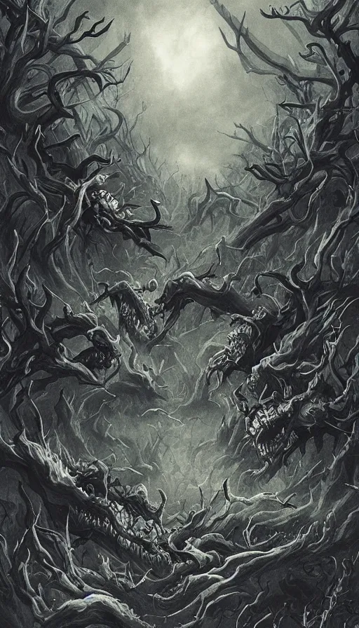 Image similar to a storm vortex made of many demonic eyes and teeth over a forest, by qian xuan