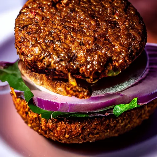 Prompt: perfect bean burger, award winning photo, food photography, golden hour