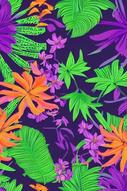 Image similar to dark moody vector illustration of tropical flowers and green reeds, multiple cohesive colors ranging from warms purples to bright oranges on a ((very dark background)), 4K resolution, trending on artstation, hd wallpaper