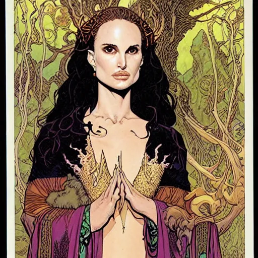 Image similar to a portrait of natalie portman as a druidic wizard by rebecca guay, michael kaluta, charles vess and jean moebius giraud