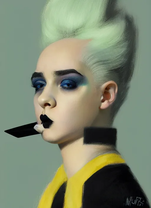 Image similar to portrait of a plump teenager with a crooked nose and a confident expression, 1 9 6 0 s, black clothes, goth, punk, brightly coloured hair, funk, intricate, elegant, highly detailed, digital painting, artstation, concept art, smooth, sharp focus, illustration, art by wlop, mars ravelo and greg rutkowski