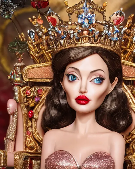 Image similar to highly detailed closeup, face profile portrait of a tin toy angelina jolie as a fairytale princess wearing a crown and sitting on a throne, bikini, depth of field, nicoletta ceccoli, mark ryden, lostfish, max fleischer, breathtaking, detailed and intricate environment, 8 k resolution, hyperrealistic, octane render